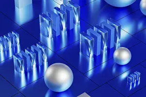 Illuminated Abstract Art Stampe: An array of geometric forms cast in blue illuminates a stunning 3D technological environment