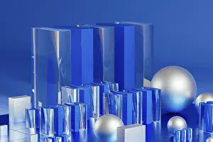 Minimalist Architectural Style Stampe: An array of geometric forms cast in blue illuminates a stunning 3D technological environment