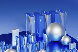 Arte Digitale Stampe: Un insieme di forme geometriche in rilievo azzurro illumina un ambiente tecnologico tridimensionale spettacolare