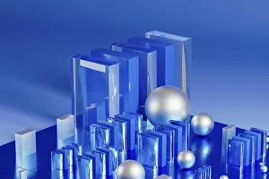 Reflective Surfaces Design Stampe: An array of geometric forms cast in blue illuminates a stunning 3D technological environment