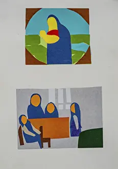 Tecniche Di Collage Stampe: Questa opera d'arte presenta due scene vibranti create con elementi dipinti.
