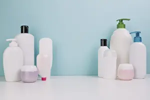 Cosmetic Product Assortment Stampe: Assorted cosmetics bottles jars