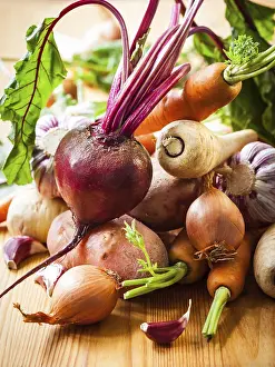 Orange Colored Vegetables Stampe: Assorted types of root vegetables