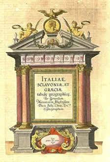 Digitally Restored Engraving Stampe: Atlas, map from 1623, Italy, intertitle in the atlas