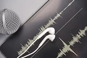 Podcast Recording Setup Stampe: Audio equipment and waveform visualization for creative sound projects