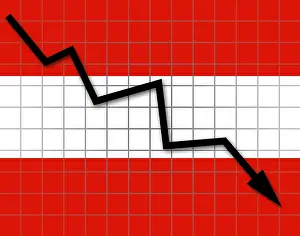 Austrian Flag Stampe: The Austrian flag and arrow graph going down