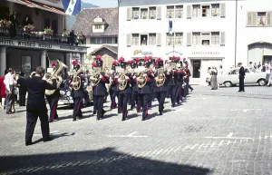 Central European Historic Quarters Stampe: Bandsmen playing marching in square
