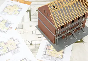 Architecture Blueprint Stampe: Bare brickwork model with construction plan