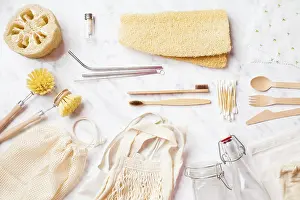 Environmentally Friendly Products Stampe: Basic zero waste set for living on light marble background