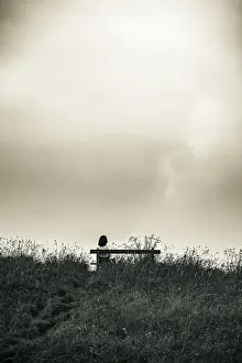 Dramatic Clouds Stampe: Bench and mountaineer and dramatic clouds in the background