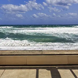 Natural Preserve Spain Europe Stampe: Empty bench with view of the surf