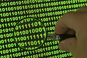 Computer Hacking Stampe: Binary code viewed through a magnifying glass