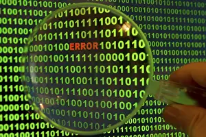 Computer Crime Scene Stampe: Binary code with the word 'Error' viewed through a magnifying glass Binary code with the word