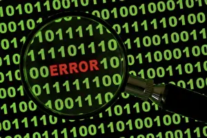 Binary Code Error Stampe: Binary code with the word 'Error' viewed through a magnifying glass Binary code with the word