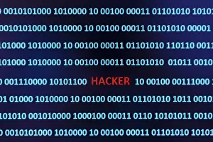 Data Transmission Online Stampe: Binary code with the word hacker, Austria