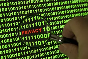 Data Protection Concept Stampe: Binary code with the word 'Privacy' viewed through a magnifying glass Binary code with the word
