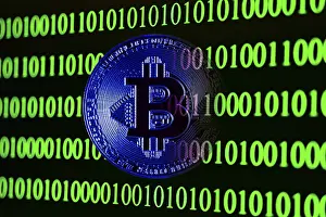 Digital Currency Image Stampe: Bitcoin with binary code