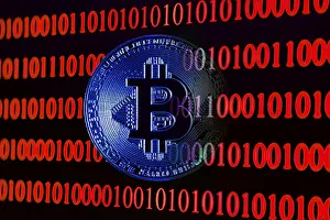 Cryptocurrency Symbol Stampe: Bitcoin with binary code