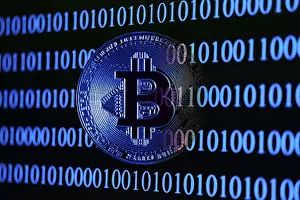 Cryptocurrency Symbol Stampe: Bitcoin with binary code