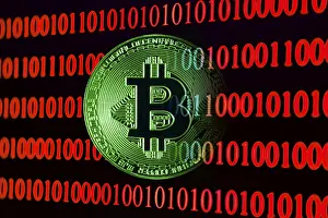 Cryptocurrency Symbol Stampe: Bitcoin with binary code