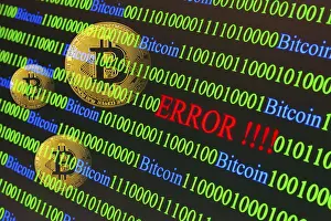 Cryptocurrency Symbol Stampe: Bitcoin, binary code with lettering Error
