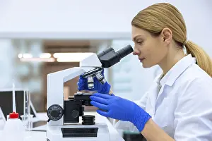 Healthcare Worker Stampe: Blonde scientist working with microscope