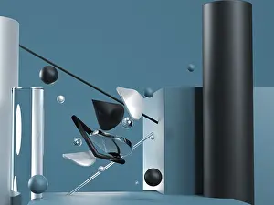 Futuristic Architecture Design Stampe: Blue abstract flying geometric objects