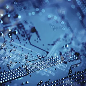 Electronic Circuit Board Stampe: Blue Circuit Board, Microchip. Computerchip