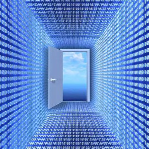 Virtual Reality Concept Stampe: Blue room made of binary code with an open door to a cloudscape