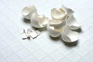 Light Colored Background Photos Stampe: Broken eggshells on a light-coloured background