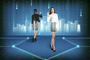 Futuristic Office Interior Stampe: Brunette operating with search interface on the wall