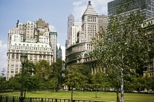 Historic Downtown Manhattan Stampe: Building around Battery Park, Lower Manhattan, New York, USA in 1963