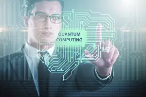Artificial Intelligence Technology Stampe: Businessman pressing virtual button in quantum computing concept