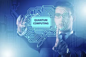 Quantum Computing Concept Stampe: Businessman pressing virtual button in quantum computing concept