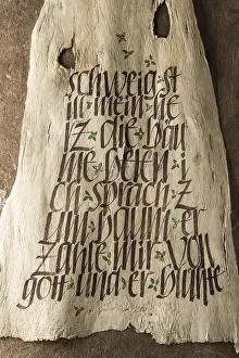 German Handicrafts Stampe: Calligraphy studio, typeface on tree bark