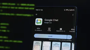 Digital Communication Platform Stampe: Google Chat app screen with coding backdrop