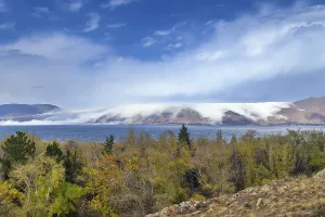 Caucasus Mountain Scenery Stampe: Landscape with Sevan lake from Sevanavank monastery