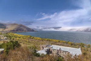 Waterfront Mountain Range Stampe: Landscape with Sevan lake from Sevanavank monastery