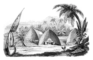 Stampe di La Polinesia centrale, flotta degli Hangars, Tonga Tabou, illustrazione incisa d'epoca. Magasin Pittoresque 1846 Tonga Stampe: Polinesia centrale, flotta Hangar.