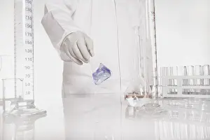Chemist At Work Stampe: Chemist checking liquid in flask in a lab