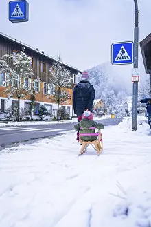 Black Forest Germany Winter Scene Stampe: Child on a sledge pulling along a road