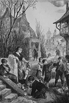 Uninhabited Austrian Village Stampe: Children playing easter games with easter eggs