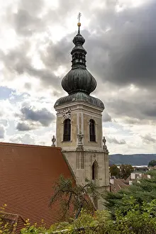 Cloudy Sky Atmosphere Stampe: Church tower with clock and dramatic clouds in the sky