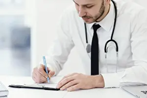 Office Work Desk Setup Stampe: Close up doctor writing