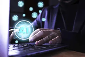Digital Technology Stampe: Close up of a man using a computer with artificial intelligence icons