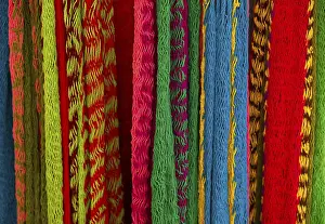 Indian Market Scene Stampe: Close-up of multi-colored hammocks