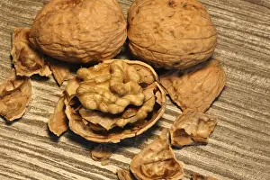 Close Up Walnuts Stampe: Close-up of walnuts on the table
