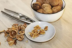 Close Up Walnuts Stampe: Close-up of walnuts on the table