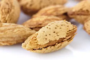 Plain Colored Background Nuts Stampe: Closeup view of roasted almonds in shell