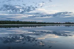 Stampe di Riflessione di nuvole in un lago di foresta, Norrbotten, Lapponia, Svezia, luglio 2017 Immagini Correlate Stampe: Riflesso di nuvola in un lago di foresta.